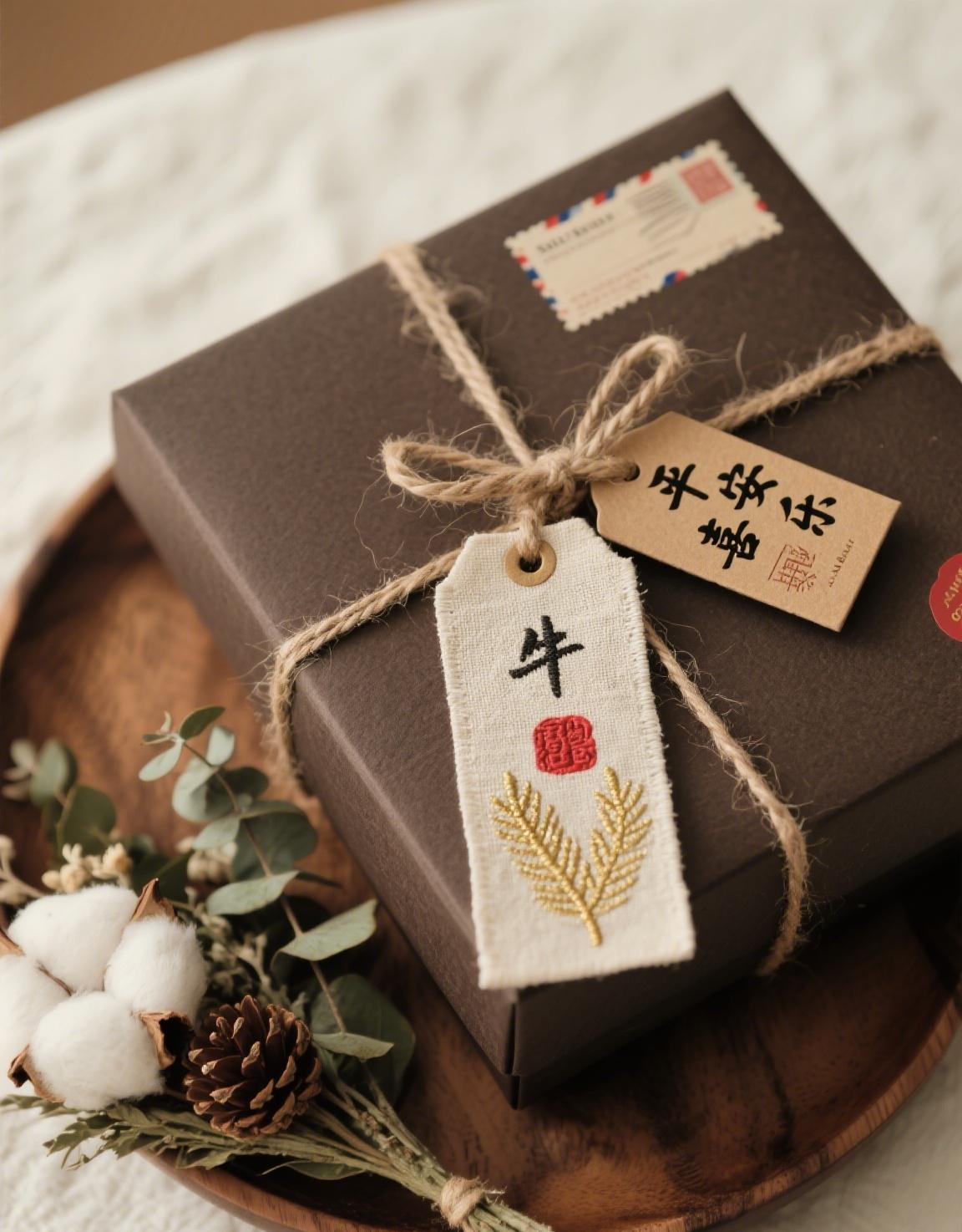 Elegant gift hang tags on wrapped boxes.
